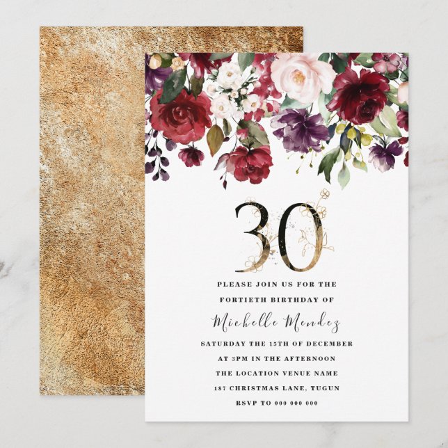 Invitation Gold Burgundy Floral Élégante fête du 30e annivers (Devant / Derrière)
