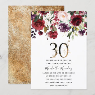 Invitation Gold Burgundy Floral Élégante fête du 30e annivers