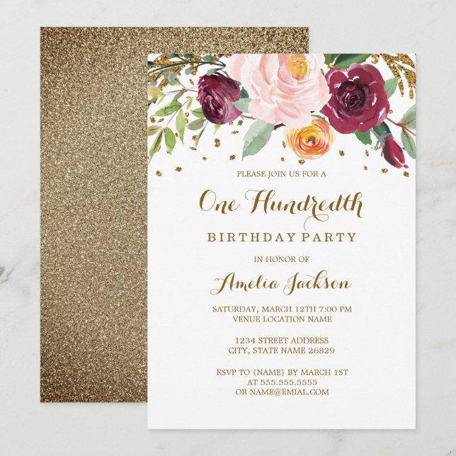 Invitation Gold Burgundy Floral Parties scintillant 100e fête (Devant / Derrière)