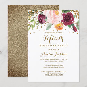 Invitation Gold Burgundy Floral Parties scintillant 50e fête 