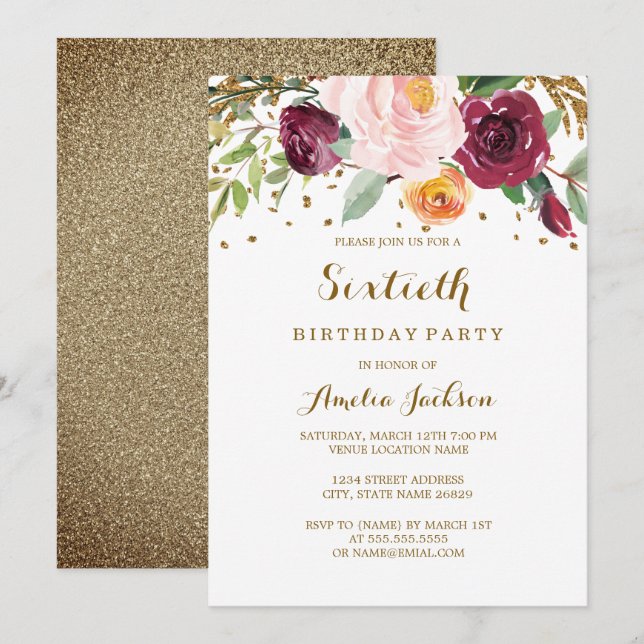 Invitation Gold Burgundy Floral Parties scintillant 60e fête  (Devant / Derrière)