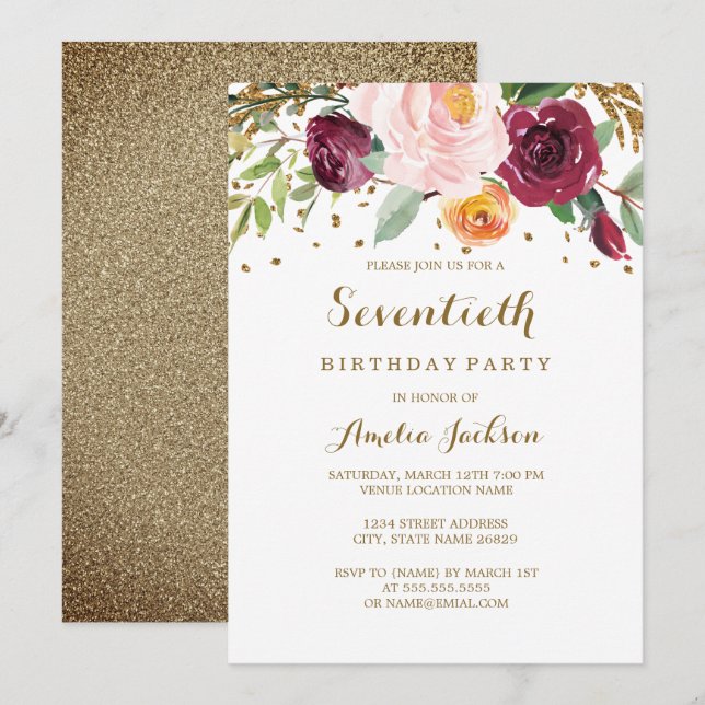 Invitation Gold Burgundy Floral Parties scintillant 70e fête  (Devant / Derrière)