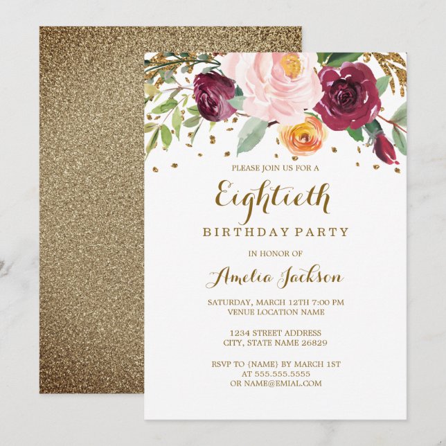 Invitation Gold Burgundy Floral Parties scintillant 80e fête  (Devant / Derrière)