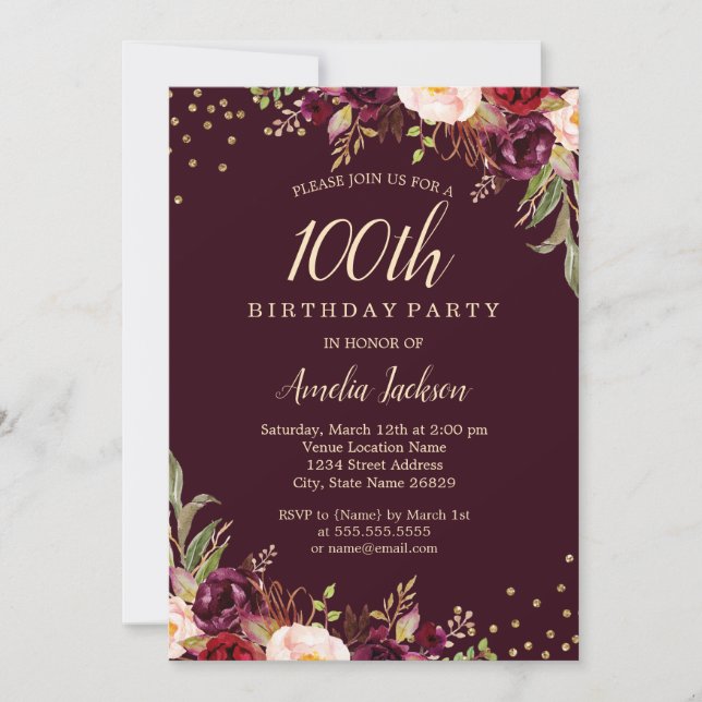 Invitation Gold Burgundy floral Sparkle 100e fête d'anniversa (Devant)