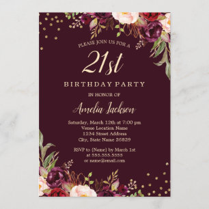 Invitation Gold Burgundy floral Sparkle 21e anniversaire fête