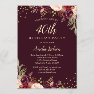 Invitation Gold Burgundy floral Sparkle 40e fête d'anniversai