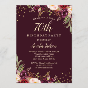 Invitation Gold Burgundy floral Sparkle 70e fête d'anniversai