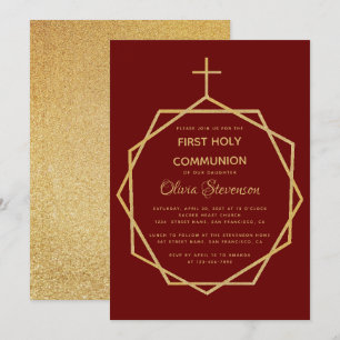 Invitation Gold Burgundy Girl Première Sainte Communion Géomé