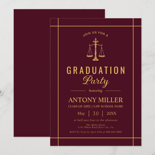 Invitation Gold burgundy Law school graduation Class Of 2026  (Devant / Derrière)