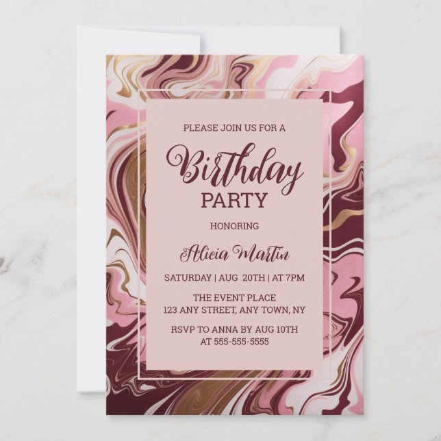 Invitation Gold Burgundy Marbre Fluid Rose Anniversaire (Devant)