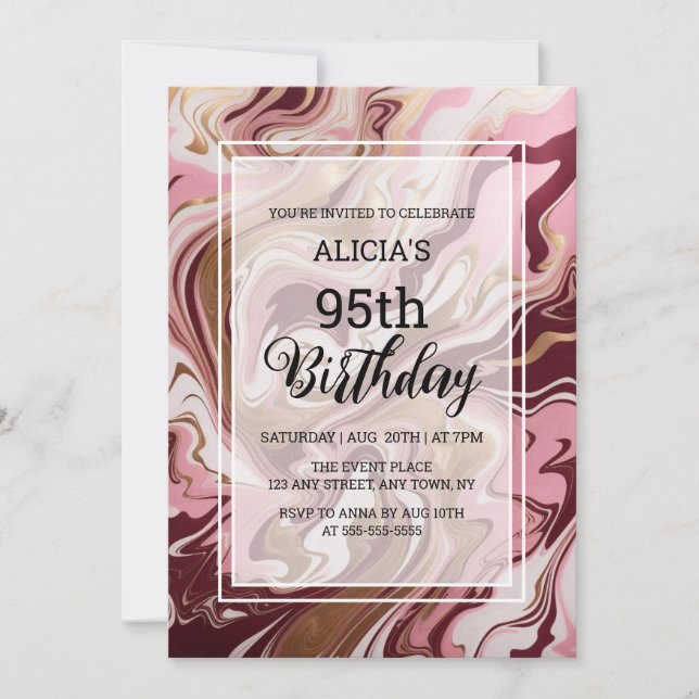 Invitation Gold Burgundy Marbre rose Fluid 95e anniversaire (Devant)