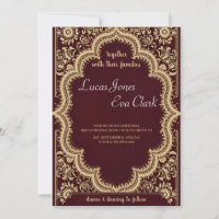 Gold Burgundy Mehendi Henna Mariage indien Invitat