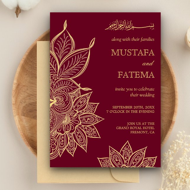 Invitation Gold Burgundy Mehendi Henna Mariage islamique (Créateur téléchargé)