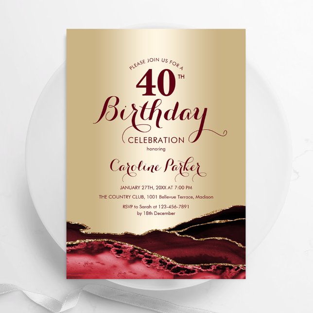 Invitation Gold Burgundy Red Agate 40e anniversaire (Créateur téléchargé)