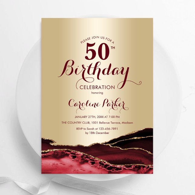 Invitation Gold Burgundy Red Agate 50e anniversaire (Créateur téléchargé)