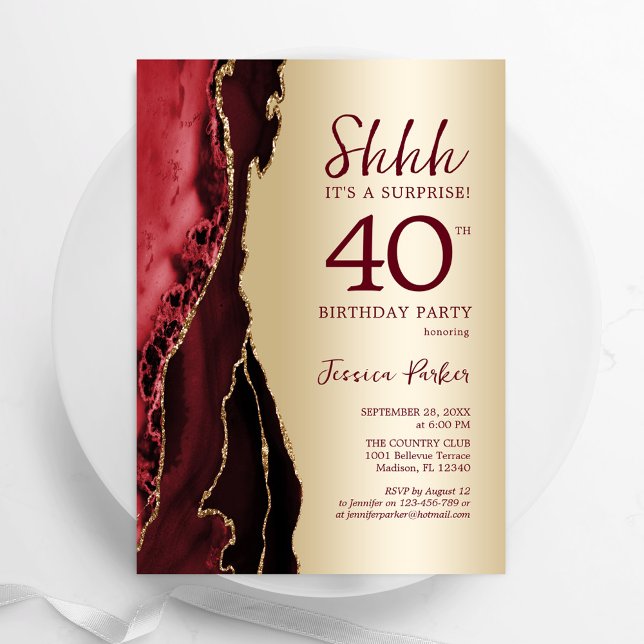 Invitation Gold Burgundy Red Agate Surprise 40e anniversaire (Créateur téléchargé)