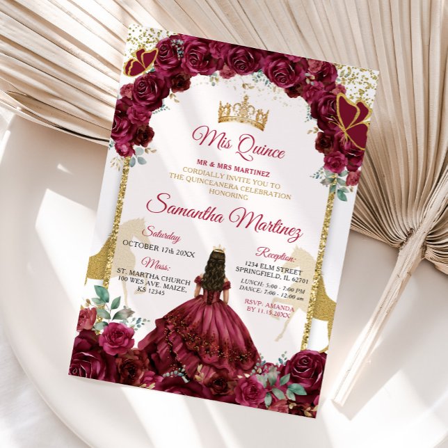 Invitation Gold Burgundy Rouge Floral Princesse Quinceañera (Créateur téléchargé)