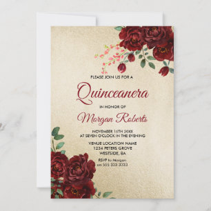 Invitation Gold Burgundy Rouge Rose Floral Quinceanera Invita