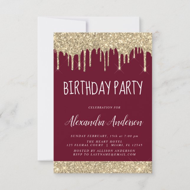 Invitation Gold Burgundy Sparkle Parties scintillant N'import (Devant)