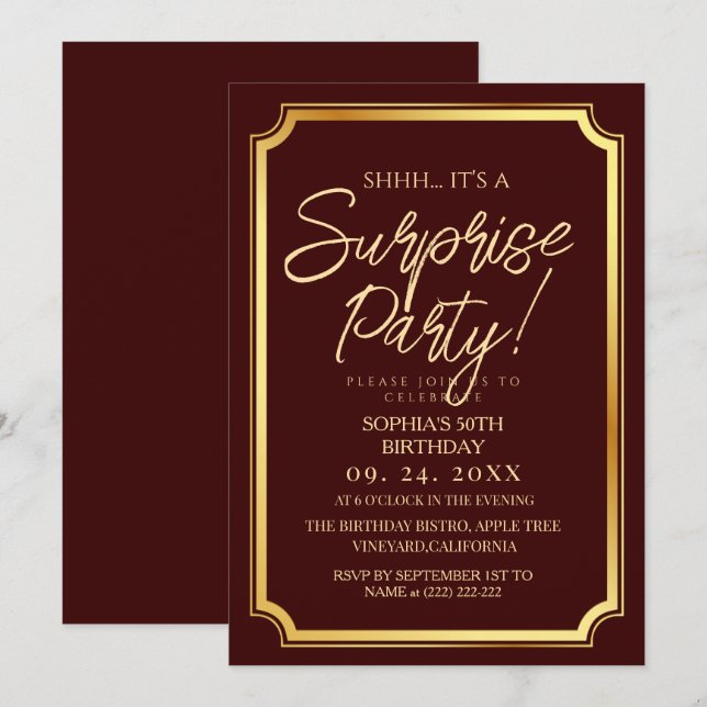 Invitation Gold & Burgundy Surprise 50th Birthday Party (Devant / Derrière)
