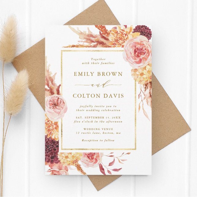 Invitation Gold Burgundy Terracotta Aquarelle Mariage Floral (Créateur téléchargé)