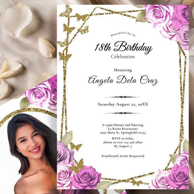 Invitation Gold Butterflies Pink Roses 18th Debut Birthday (Créateur téléchargé)