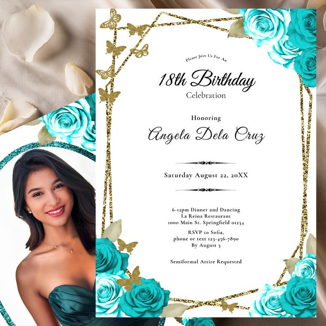 Invitation Gold Butterflies Teal Roses 18th Debut Birthday (Créateur téléchargé)