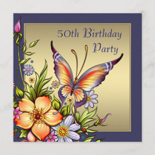 Invitation Gold Butterfly Womans 50e fête d'anniversaire