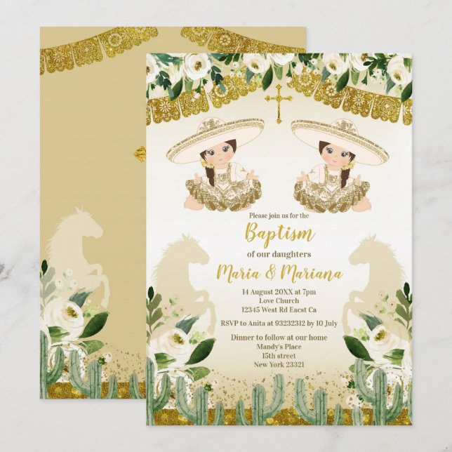 Invitation Gold Cactus Twins Girl Baptême et Anniversaire (Devant / Derrière)