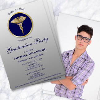 Invitation Gold Caduceus Blue Medical Graduation | Photo