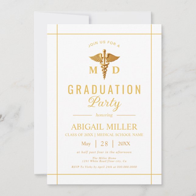 Invitation Gold caduceus Classe De 2025 graduation blanche (Devant)