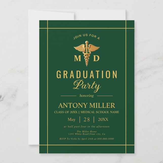 Invitation Gold caduceus Classe De graduation verte 2025 (Devant)