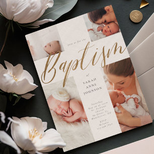 Invitation Gold Calligraphie Photo Collage Baby Baptism Croix