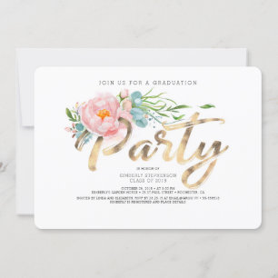 Invitation Gold Calligraphie Pink Floral Graduation Party