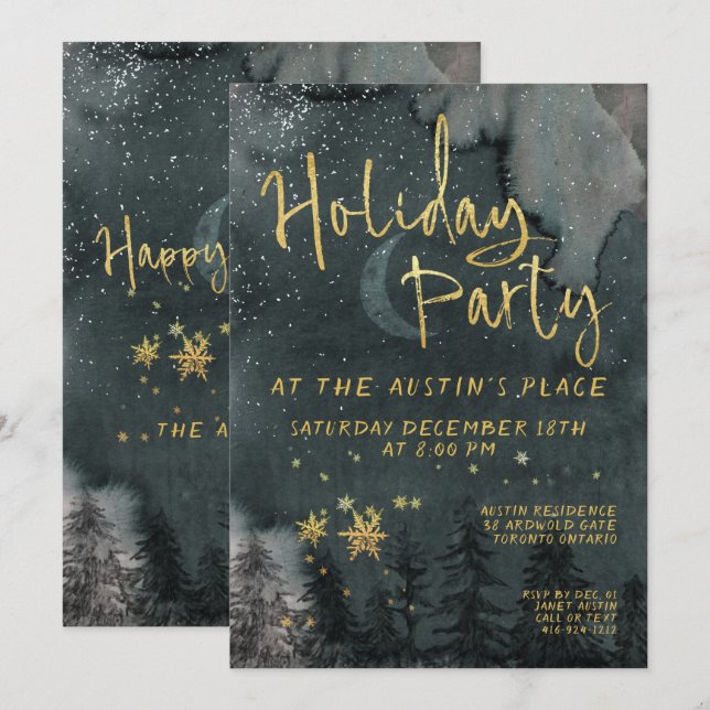 Invitation Gold Calligraphie Winter Woodland Fête (Devant / Derrière)