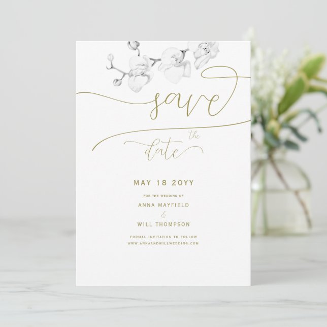 Invitation Gold Calligraphy Chic Orchid Wedding Enregistrer l (Debout devant)