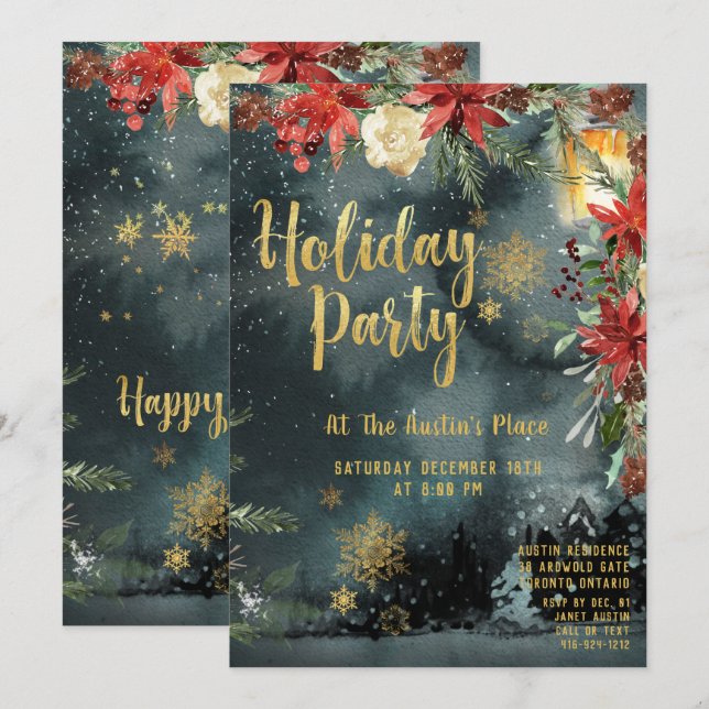 Invitation Gold Calligraphy Floral Green Party (Devant / Derrière)