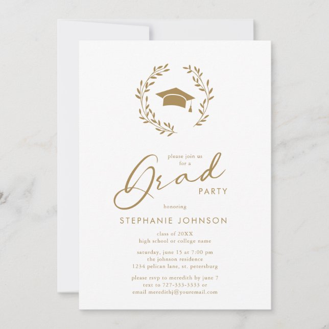 Invitation Gold Calligraphy Grad Casquette Wreath Graduation  (Devant)