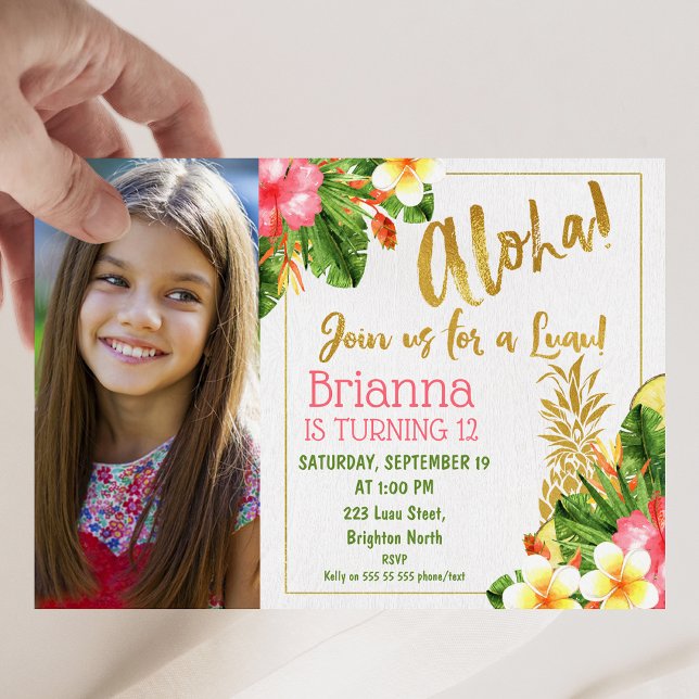 Invitation Gold Calligraphy Luau Photo Anniversaire Invitatio (Tropical Floral Aloha Luau Birthday Invitation with Photo, Gold Pineapple, Aloha Luau Invitation)