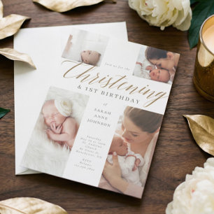 Invitation Gold Calligraphy Photo Christening & 1er Anniversa
