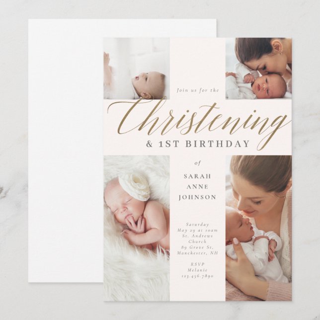 Invitation Gold Calligraphy Photo Christening & 1er Anniversa (Devant / Derrière)