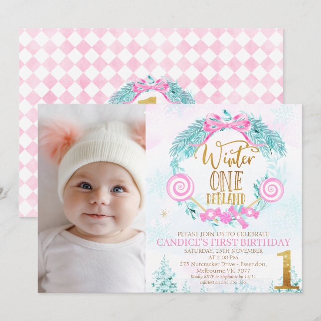 Invitation Gold Calligraphy Winter Onederland Photo Anniversa (Devant / Derrière)