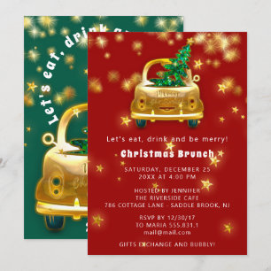 Invitation Gold Car Joyeux Noël Brunch Dîner Red Green