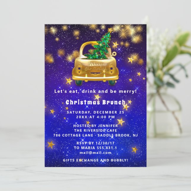 Invitation Gold Car Joyeux Noël Brunch Diner Star Navy (Debout devant)