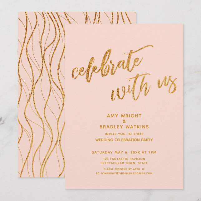 Invitation Gold Celebrate avec nous Blush Wedding Réception (Devant / Derrière)