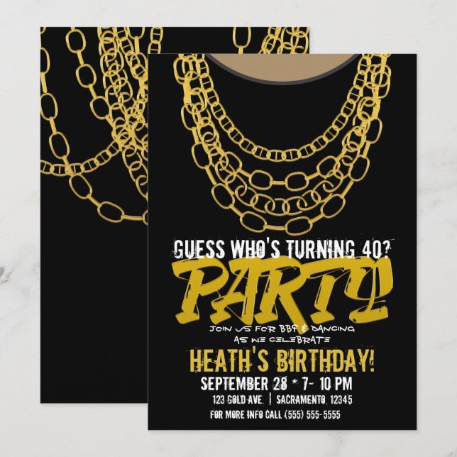 Invitation Gold Chains Black Hip hop Danse fête d'anniversair (Devant / Derrière)