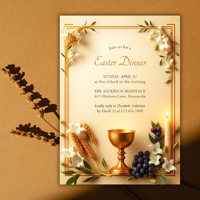 Invitation Gold Chalice Traditionnel Catholique Dîner de Pâqu (Traditional Christian Easter Dinner Invitation with Elegant Religious Design)