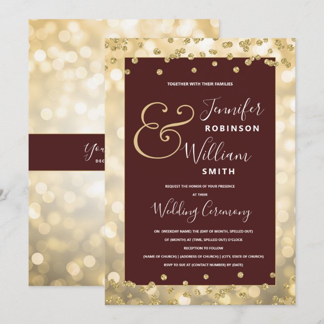 Invitation Gold Champagne Bourgogne Mariage élégant (Devant / Derrière)