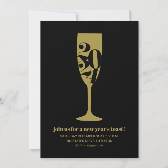 Invitation Gold Champagne Glass 2024 Soirée du Nouvel An (Devant)