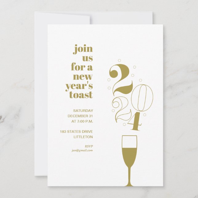 Invitation Gold Champagne Glass 2024 Soirée du Nouvel An (Devant)